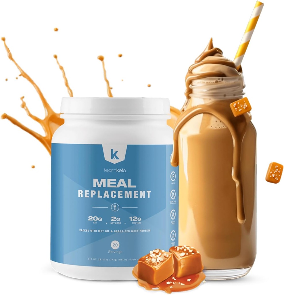TeamKeto Meal Erstatning Powder Gluten Free Indeholder MCT pulver, kokosolie, græssende valleprotein pulver & 100% naturlige smag for Boost Ketosis - Lave Carbs & Energy Boost - 742g- Saltet Caramel