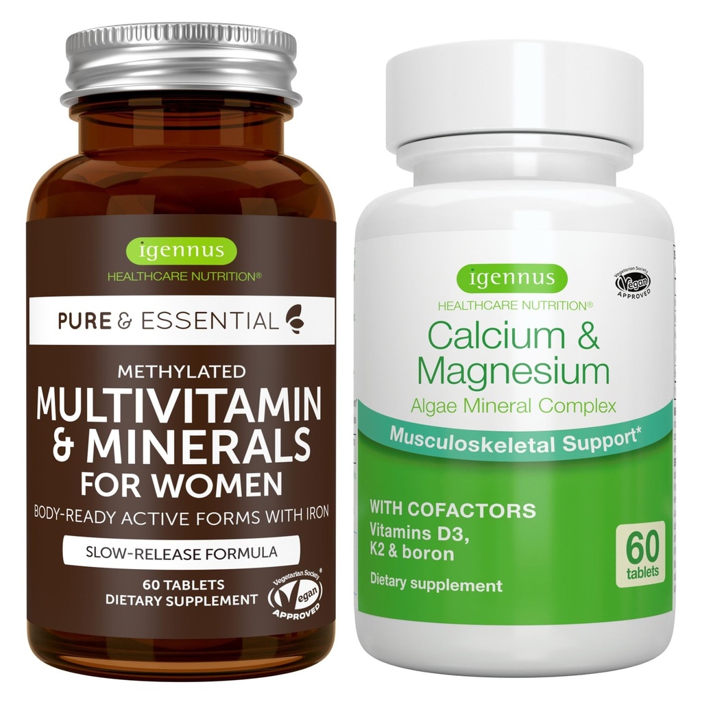 Multivitamin & Minerals for Women + Calcium & Magnesium Complex Vegan Bundle, Sustained Release Advanced Multivitamin + 2:1 Plant Based Algae Mineral Complex, by Igennus