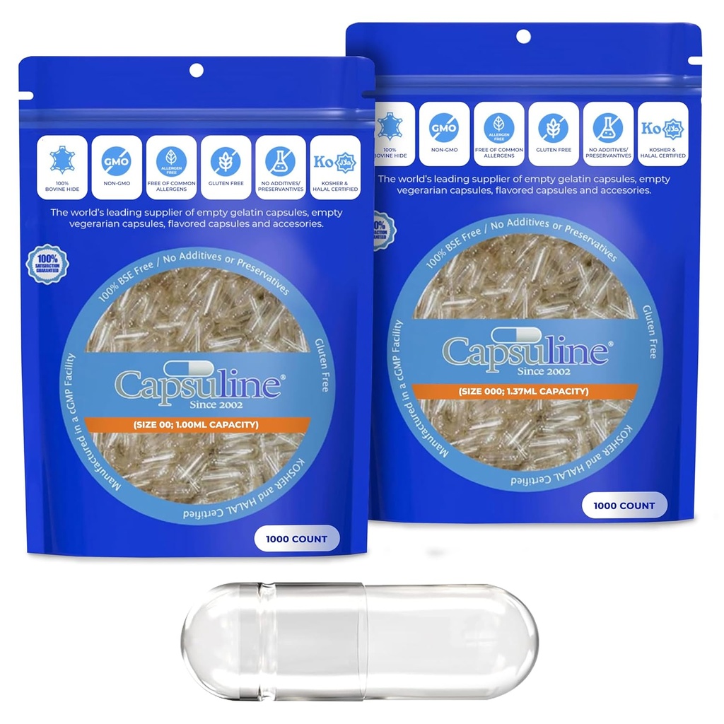 Capsulin Størrelse 00 og Størrelse 000 Gelatine Tomme Kapsler, 1000 Count Bundle, Tomme Gel Pille Kapsler, DIY Pure Bovine Pille Kapsler Fyldning, Tomme Caps, Kosher, Gluten Free og Non- GMO Certificeret, Clear