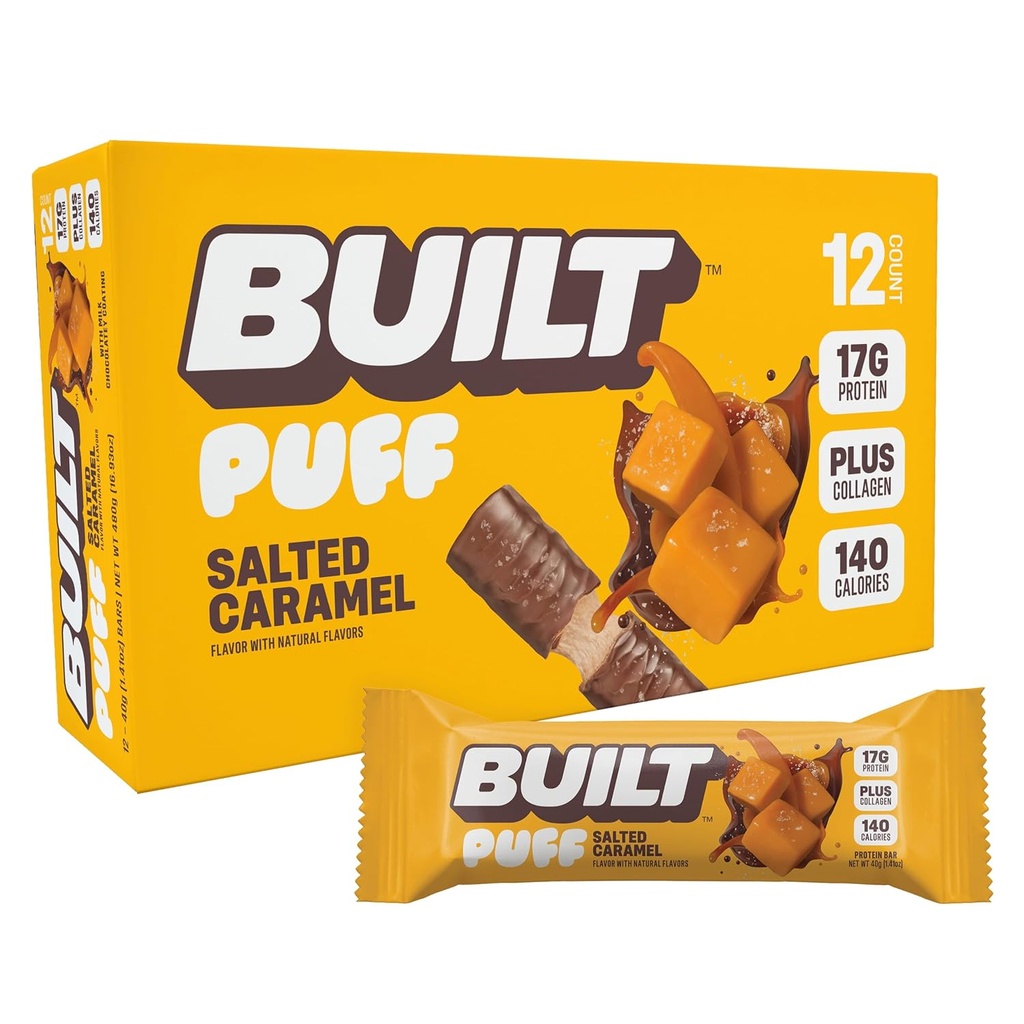 Bygget bar, Puff Protein Bars, Saltet Caramel Puff, 17g Protein Snacks, On- The- Go Bars, Kun 140 kalorier, 6g Sukker, Collagen, Gluten Free, 12 Greve