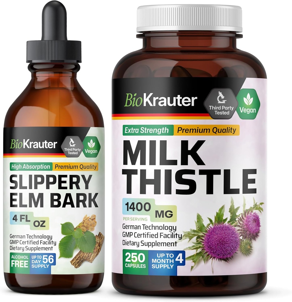 BIO KRAUTER Slippery Elm Tinktur 4 Fl. Oz. & Milk Thistle 250 Kapsler