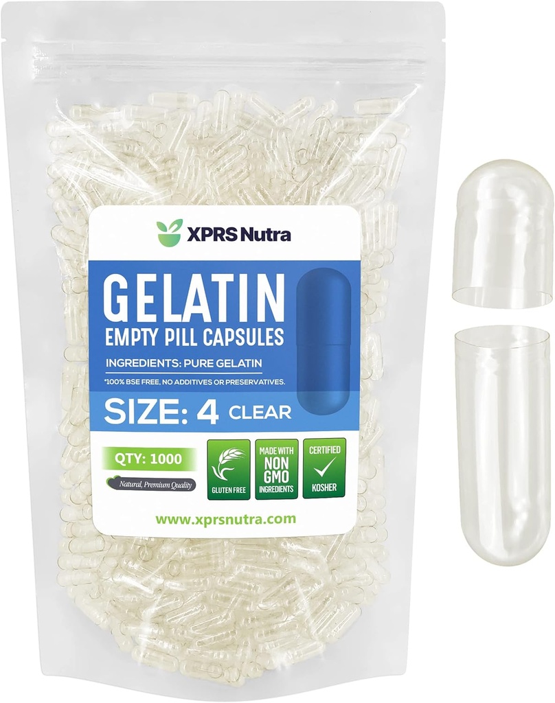 XPRS Nutra størrelse 4 Tomme kapsler - 1000 Tomme små tomme gelatine kapsler - Piller gør det selv Capsule Fyldning - Fyldelig Pure Bovin Pill Gel Caps til Do- It- Yourself Kosttilskud