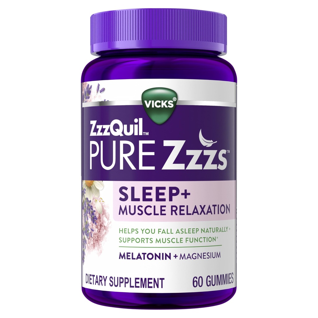 ZzzQuil Pure Zzzs Muskelrelaxation Melatonin Sleep Aid Gummies, Understøtter Muskelfunktion, Hjælper dig falde søvn naturligt, hurtigt, Melatonin + Magnesium, Ingen Next- Day Grogginess, Drug- Free, 60ct