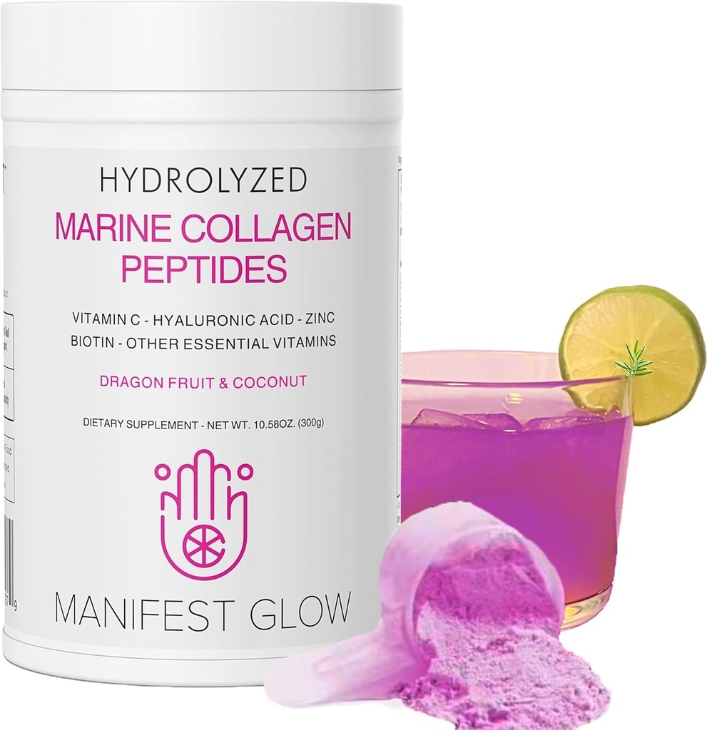 Marine Collagen Peptider - Dragon Fruit, kokos vand, Ananas - Vitamin C Hyaluronsyre Kobber Zink Biotin Niacin D3 B- Complex - Hår hud & negle, 30 Servere