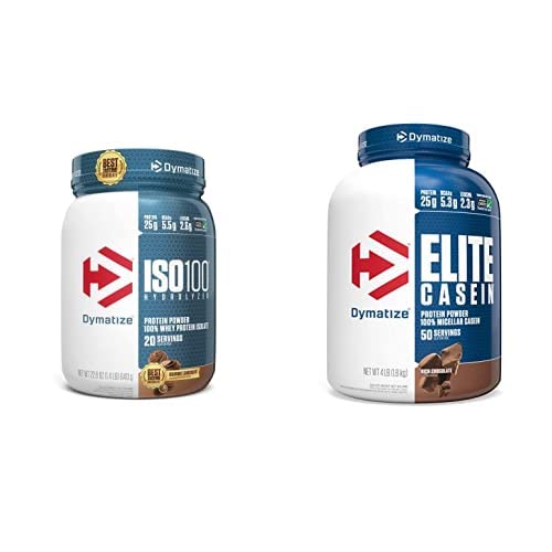 Dymatisere ISO100 Hydrolyzed Protein Powder, 25 g 100% Whey Isolate Protein, Gourmet Chokolade, 20 Servere Elite Casein Protein Powder, 100% Micellar Casein, Rich Chocolate, 4 Pund