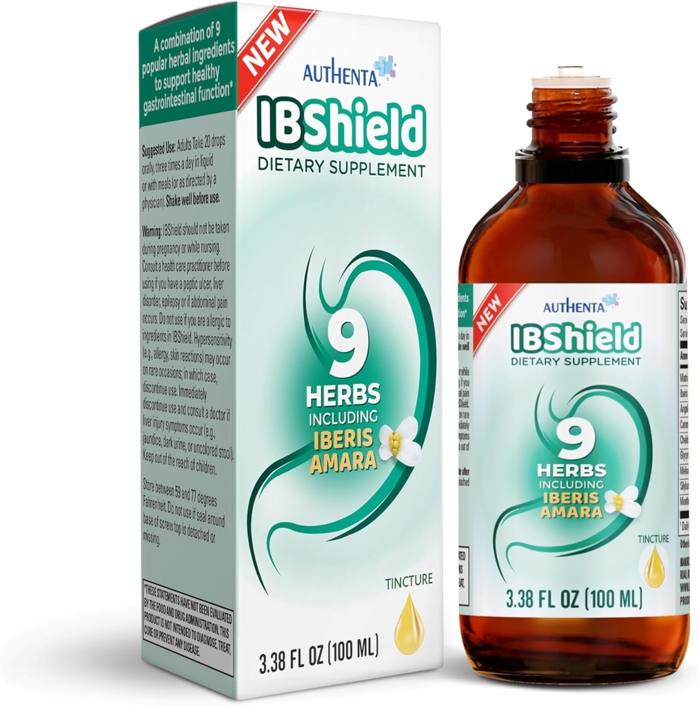 IBShield Tincture 100ml • 124; 6 + 3 = 9 urter • 124; IBis Amara, pebermynte, kamille, Lemon Balm, Caraway, Licorice, Angelica, Celandine & Marys Thistle • 124; Original Herbal Formel Understøtter fordøjelsesbesvær