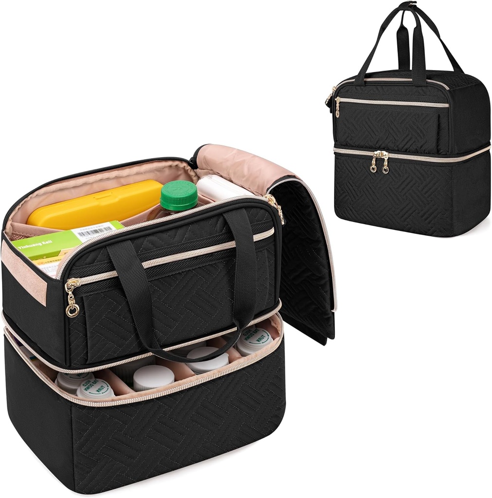 Damero Double Layer Pill Flaske Organizer Tom, Lockable Medicine Storage Bag Medication Travel Bag med 4 tilpassede Dividers til receptpligtige flasker, Medicinske Kosttilskud, Sort