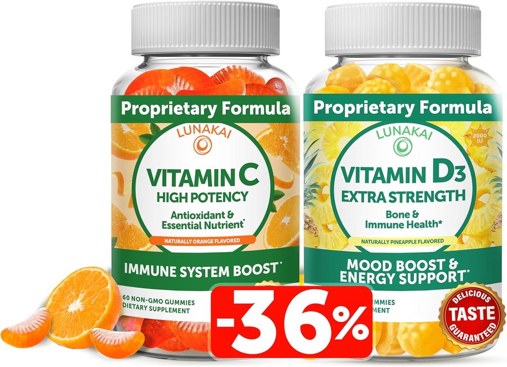 Lunakai Vitamin C og Vitamin D3 Gummies Bundle - 300mg Økologisk, ikke-GMO, Vegansk Chewable Gummy - Immunitet, Ben og Mood Support for voksne