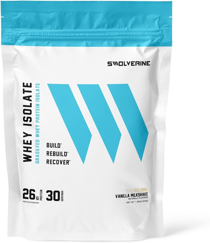 Swolverine Whey Protein Isolate ttesmå 124; 26g Protein, Grass- Fed rBGH Free, Non- GMO, Tilføjet fordøjelsesenzymer (30 Servere, Vanilla Milkshake)