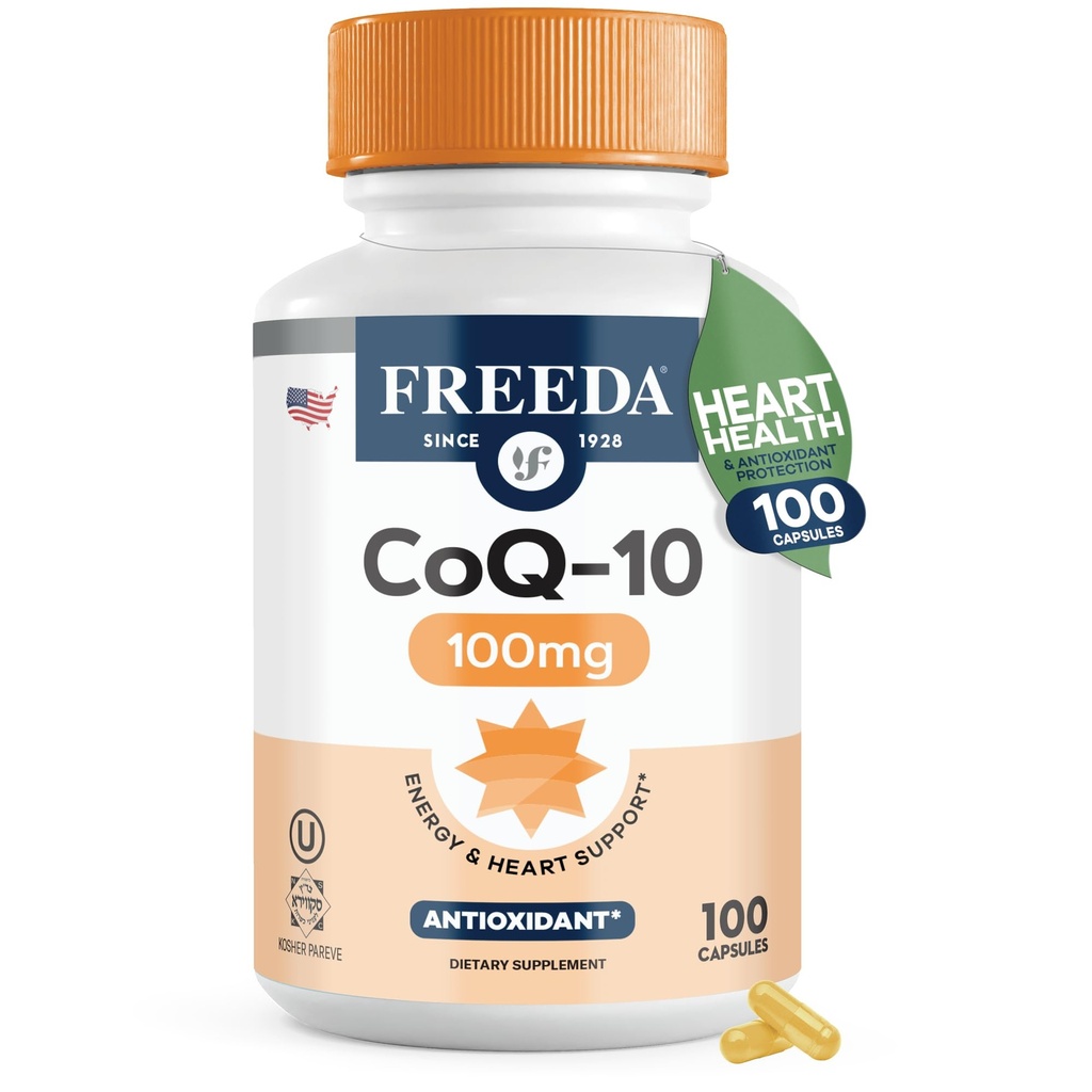 FREEDA CoQ10 100mg - Kosher Coenzym Q10 Kosterstatningstilskud til kardiovaskulær hjertesygdom, blodtrykssupport, oral gummesundhed og sund aldring - Pure CoQ10 kapsler, 100 Greve