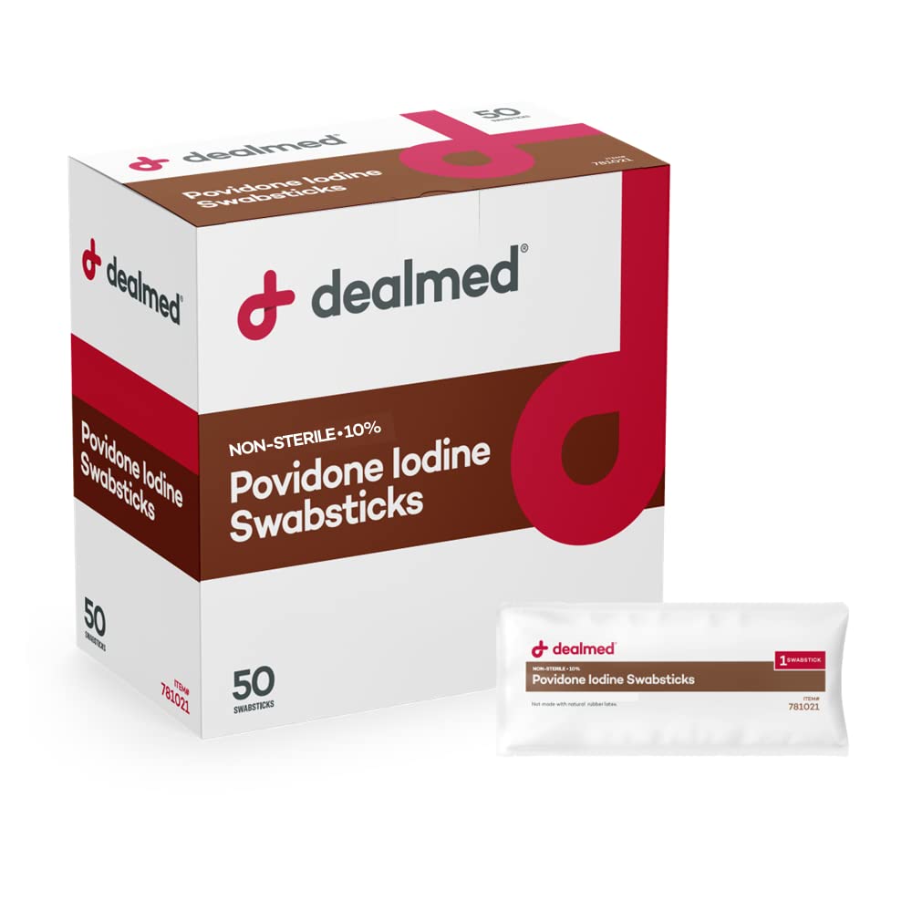 Dealed Povidon Jod 10% Swabsticks - Individuelt Sealed Packets Perfect for Sown Care and Portable First Aid Kits, 50 / Box (pakke med 1)