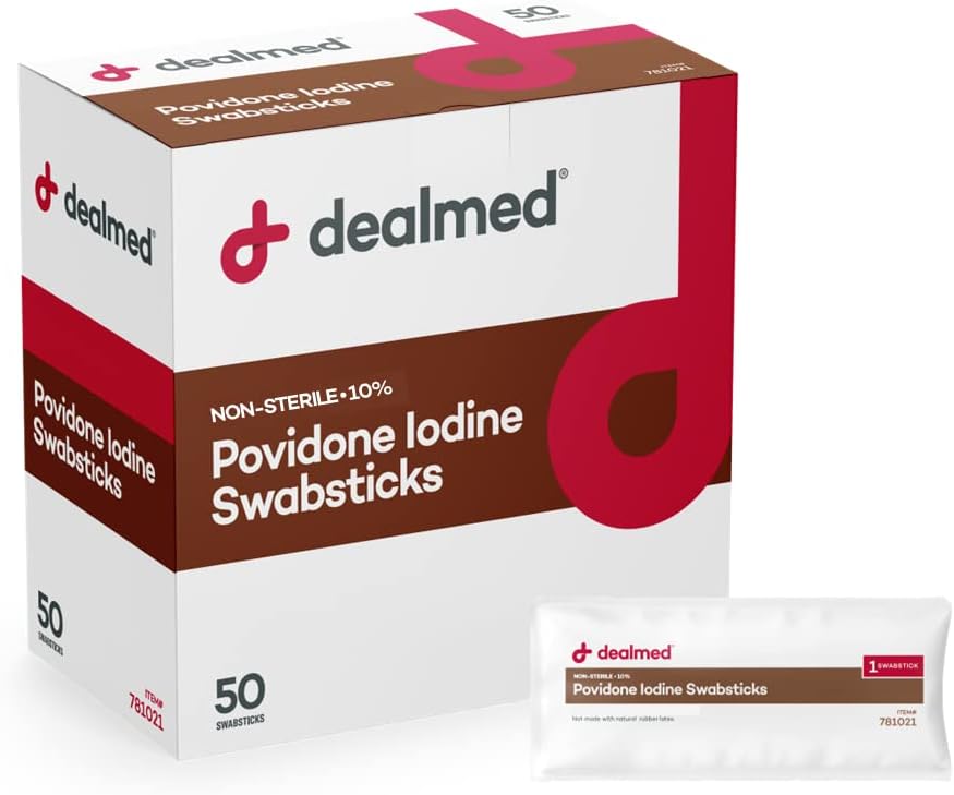 Dealmed Povidon Jod 10% Swabsticks - Individuelt Sealed Packets Perfekt til Sårpleje og Bærbar Førstehjælp Kits, 50 / Box (pakke med 1)