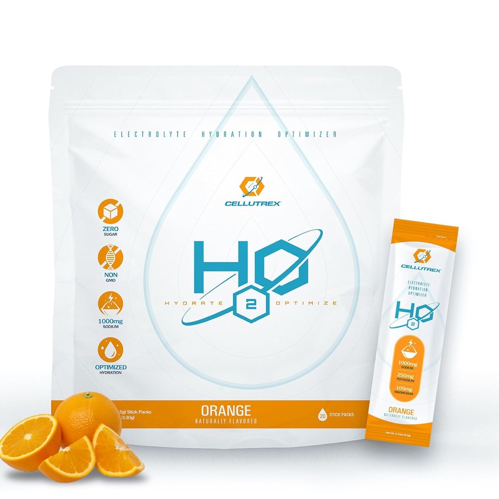 Cellutrex ® H2O Electrolytes - Electrolyte Powder Drink Mix, Zero Sugar, Natural Salt Hydration Pakninger til inddrivelse og wellness, Orange, 20 sticks