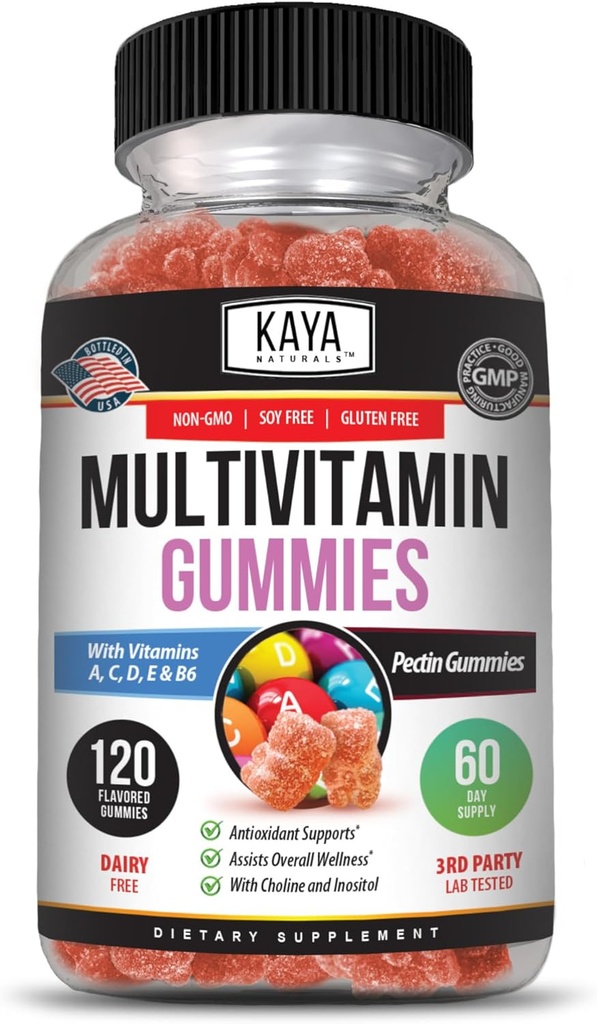 Kaya Naturals Voksen Multi Vitamin Gummy, 120 Greve, Biotin, Vitamin A, B-12, C & E, herunder zink, Folinsyre, Jordbærsmag (120 Gummies)