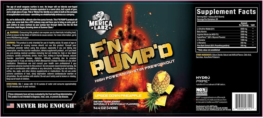 'Merica Labz F' N Pump 'D Stimulant Free, Nitric Oxide, Fuldt doseret, Pump PreWorkout Powder (20 Servere) (Upside Down Ananas)