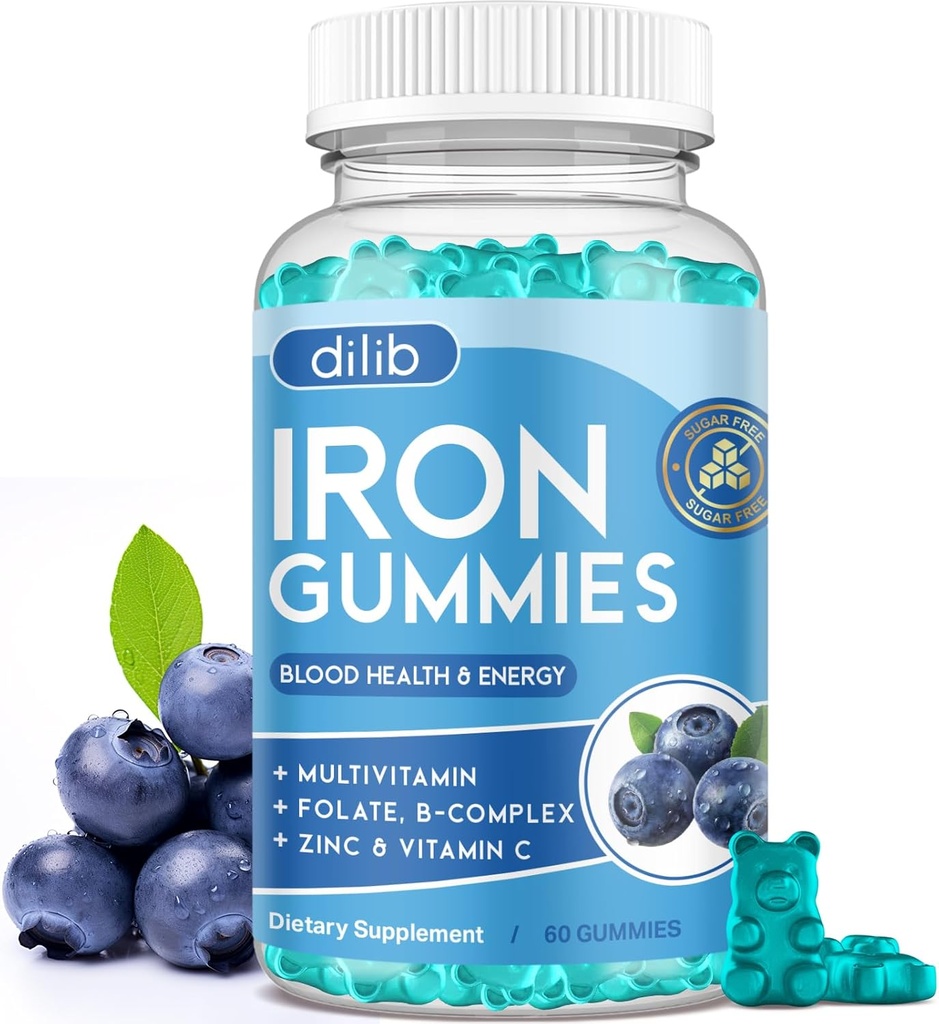 Iron Gummies med Multivitamin, Jerntilskud til kvinder og mænd med zink, B-vitamin Complex & C, B12, Folate - Blood Builder & Energy Support til voksne & Børn - Blueberry Flavor, Vegan 60 Gummies