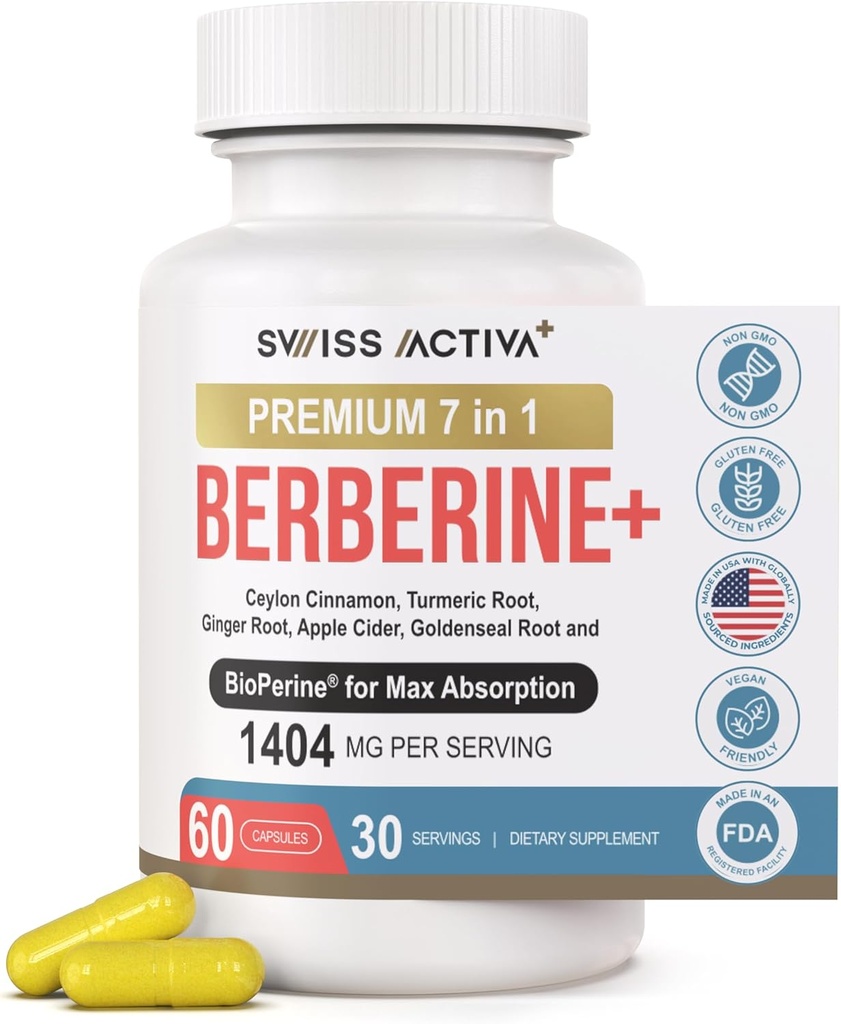 Swiss Activa + Labs Organic 7- in-1 Berberine Supplement: 124; 600mg HCl + Ceylon Cinnamon, gurkemeje, Ingefær, ACV, Goldenseal, BioPerine - 124; Metabolic, Heart & fordøjelsesstøtte: 124; Vegan, Non- GMO 30 Day Supply