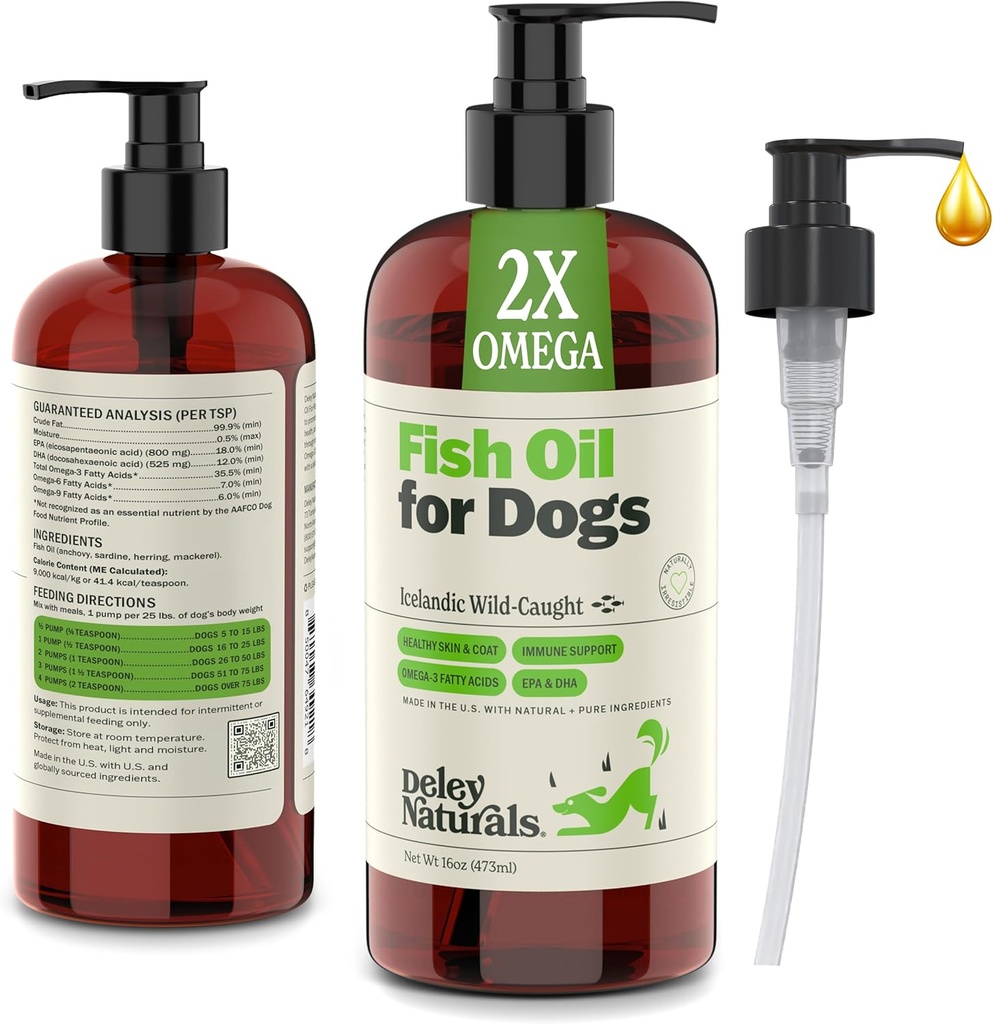 Deley Naturals Hundefiskeolie Islandsk 2X Omega - Hund klø hudlindring med Omega 3 6 9 for allergier, Coat & Heart - Omega 3 Fiskeolie til hunde hudirritation - 16oz Omega Olie til Hunde Made i USA