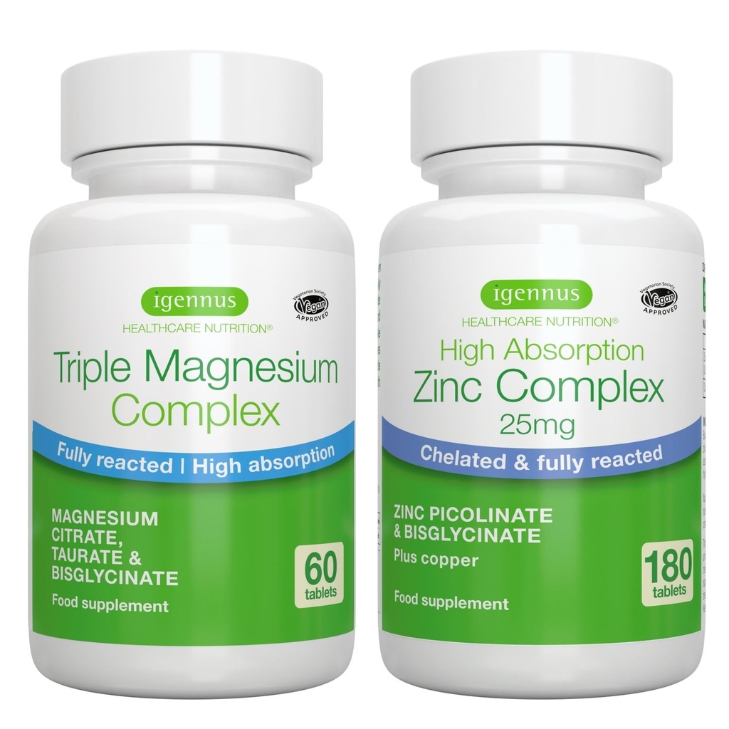 Triple Magnesium Complex + Zink Complex Vegan Bundle, High Absorption Chelated Magnesium + 25 mg Chelated Zinkpicolinat & Bisglycinat med kobber, af Igennus