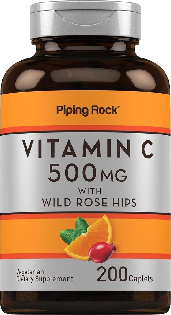 Piping Rock Vitamin C: 124; 500mg • 124; 200 kapsler • 124; med Rose HIPS • 124; Vegetar, Non- GMO, Gluten Free Supplement