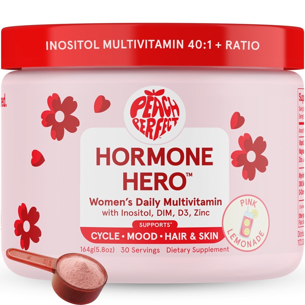 Peach Perfect Inositol Powder Multivitamin, Pink Lemonade Flavor - 4g Myo & D- Chiro Inositol, DIM, Zink, Magnesium Glycinate, Vitamin D3 - Understøtter kvinders sundhed, cyklus, energi, 30 SVG