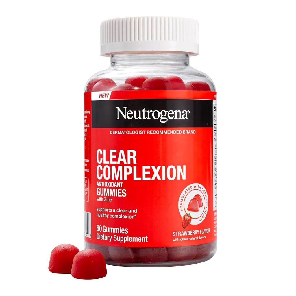 Neutrogena Clear Complexion Antioxidant Gummies with Zink, Daily Skincare Supplement with Vitamin A, C & E for Clear, Sund Hud + Probiotika, Strawberry Flavor, 60 ct