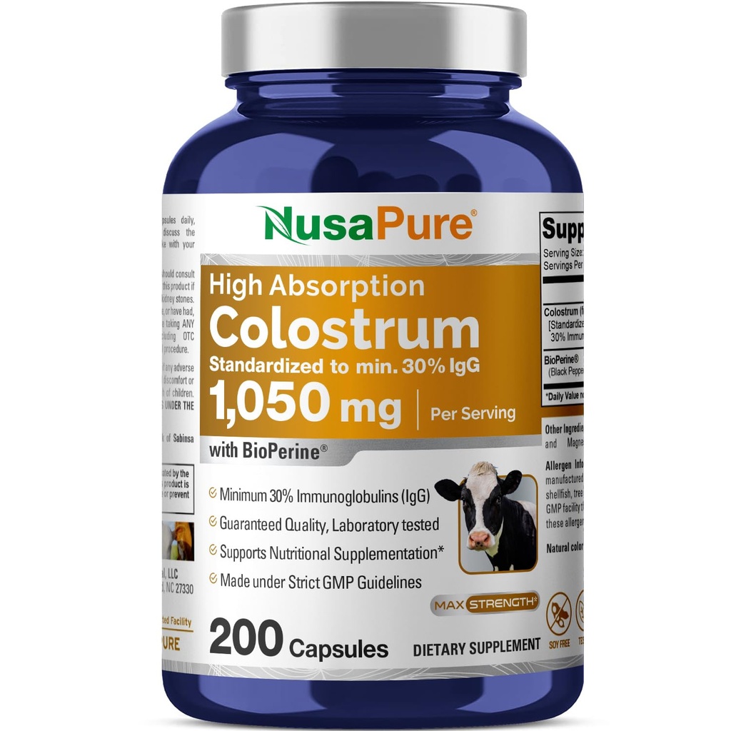 NusaPure Colostrum 1050mg 30% IgG 200 kapsler (ikke- GMO, soyfree) Bioperine