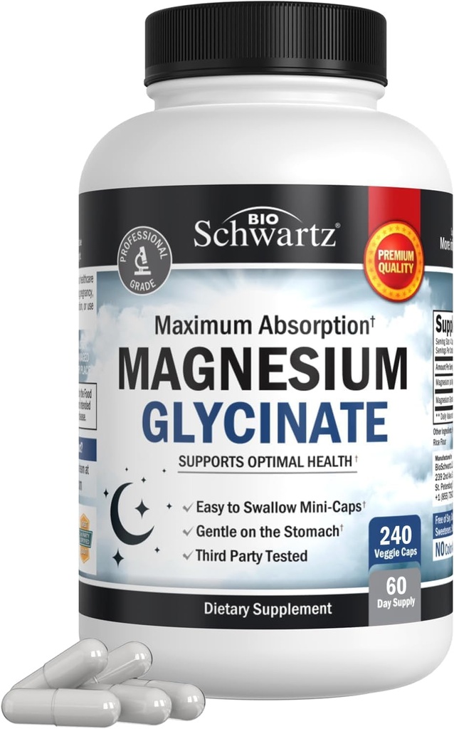BioSchwartz Magnesium Glycinate 500 mg kapsler (240 Mini Caps) Maksimalt Absorption Magnesiumsupplement til raske nerver Muskler Heart Mood and Sleep Support (Vegan, Gluten- Free, Non- GMO)