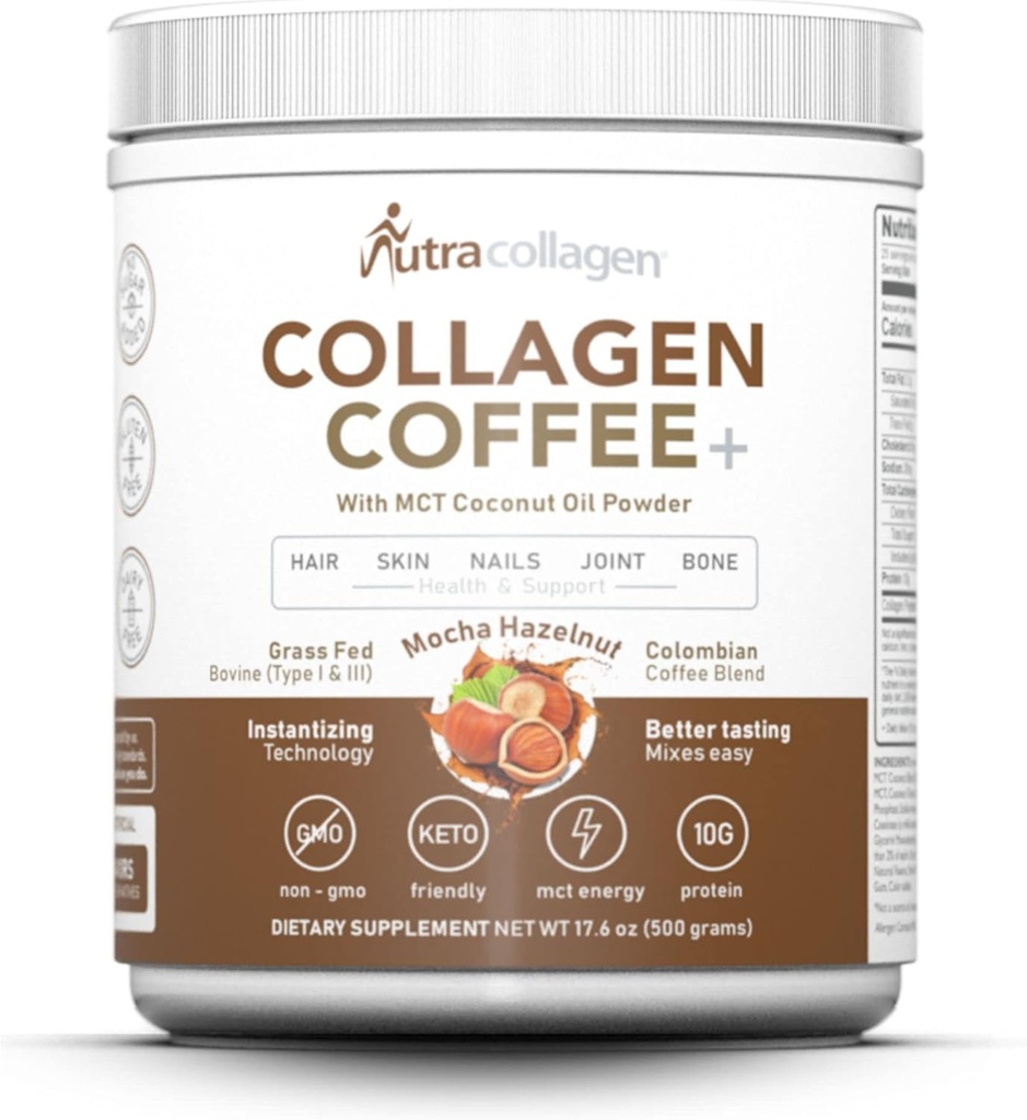 NUTRACOLAGEN Peptid Powder med Premium Columbian Coffee; Grass- Fed; Keto Friendly, MCT Coconut Oil Powder, Soy Free, Gluten Free, Sugar Free, 40mg Koffein / SVG; Mocha Hazelnut 25 Servere