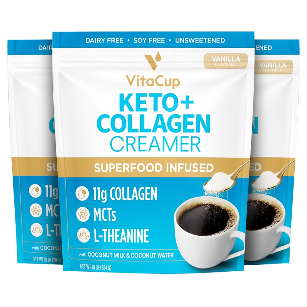 VitaCup Keto + Collagen Coffee Creamer Vanilla Flavor w / MCT, Collagen Protein, kokos vand, L- Theanine til Keto Diet, Kaffe, Smoothies, & Shakes, Dairy- Free, Gluten- Free, Soy- Free, 3 poser, 10oz hver