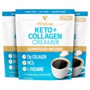 VitaCup Keto + Collagen Coffee Creamer Vanilla Flavor w / MCT, Collagen Protein, kokos vand, L- Theanine til Keto Diet, Kaffe, Smoothies, & Shakes, Dairy- Free, Gluten- Free, Soy- Free, 3 poser, 10oz hver