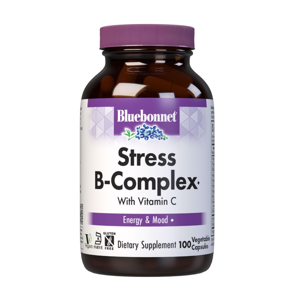 Bluebonnet Nutrition Stress Relief B komplekse vegetabilske kapsler, B6-vitamin, B12, biotin, folat, Vegan, Gluten & Soy & Milk Free, Kosher, Unflavored, 100 Count