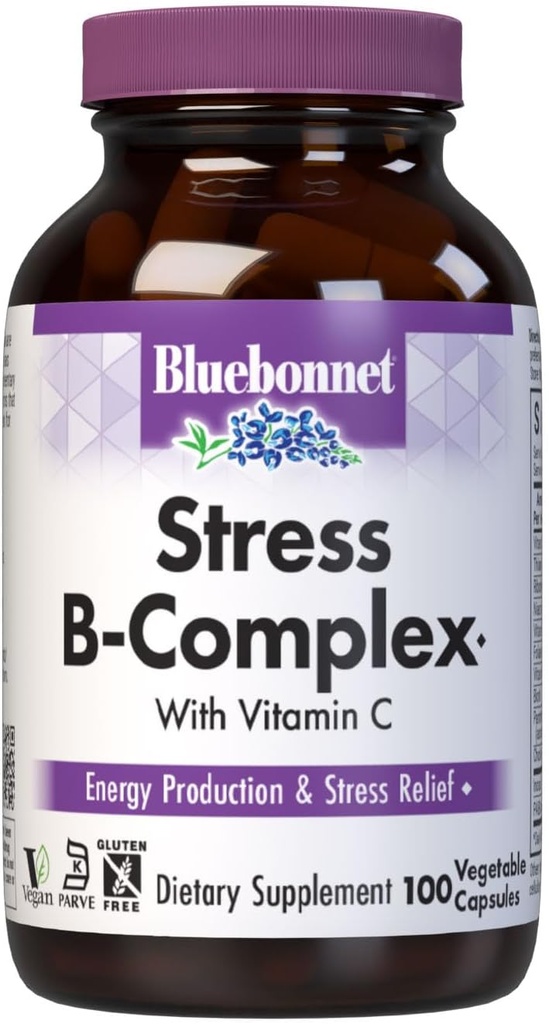 Bluebonnet Nutrition Stress Relief B komplekse vegetabilske kapsler, B6-vitamin, B12, biotin, folat, Vegan, Gluten & Soy & Milk Free, Kosher, Unflavored, 100 Count