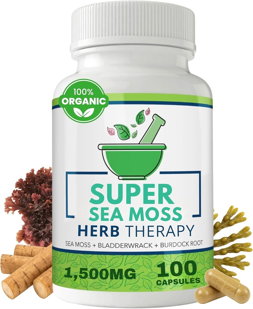 Sea Moss Capsules 100 Pack - Irish Sea Moss med Bladderwrack Powder & Burdock Root Powder - Keto & Alkaline Diet Support - Ingen Fillers Seamoss Raw supplement