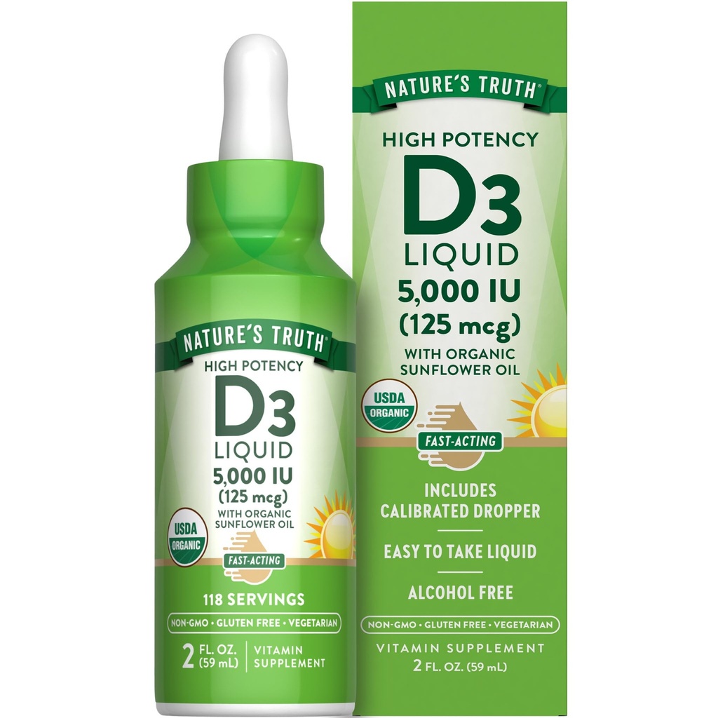Nature 's Truth Vitamin D3 Flydende • 124; 5000 IE • 124; 2 fl oz • 124; Non- GMO og Gluten Free Supplement