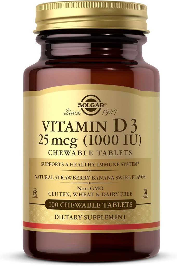 Solgar Vitamin D3 (Cholecalciferol) 25 mcg (1000 IE), Natural Strawberry Banana Swirl - 100 tyggetabletter - Non- GMO, Kosher - 100 Servere