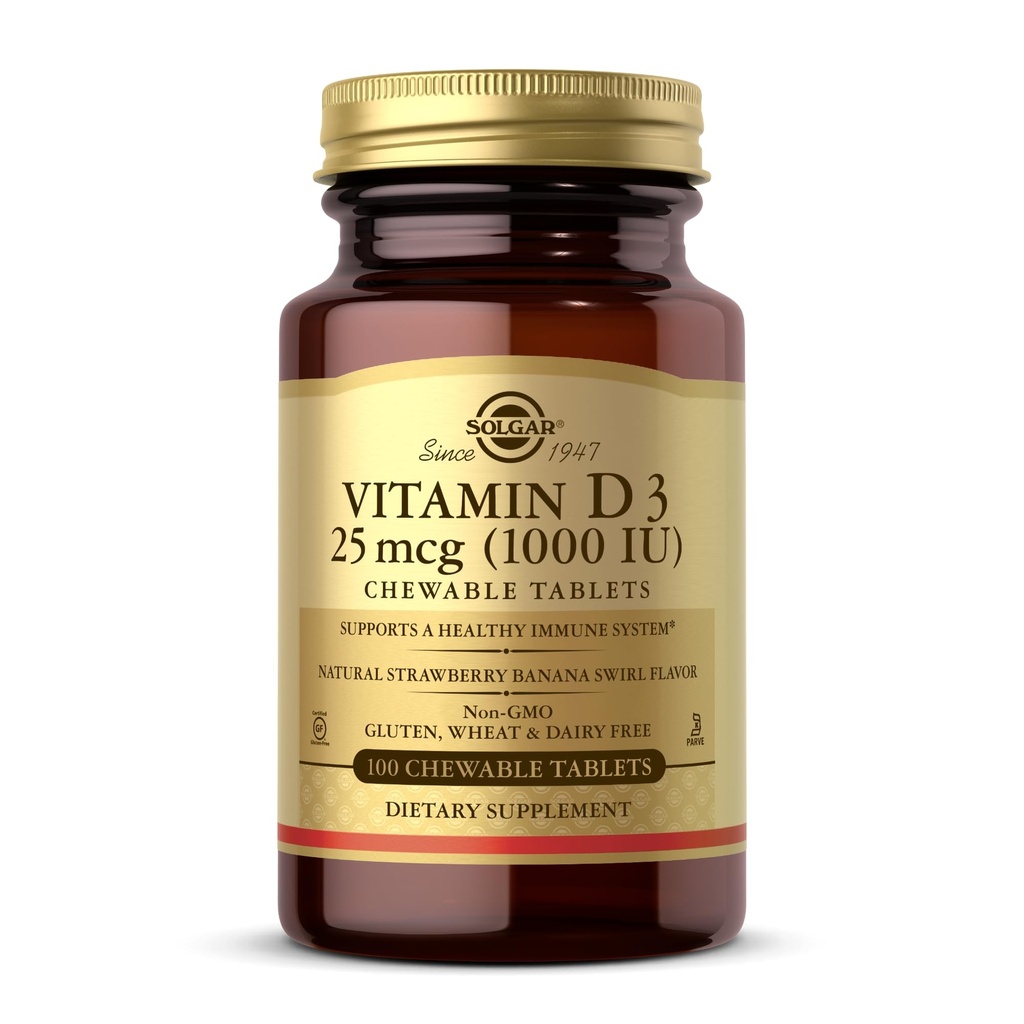 Solgar Vitamin D3 (Cholecalciferol) 25 mcg (1000 IU), Natural Strawberry Banana Swirl - 100 Chewable Tablets - Non-GMO, Kosher - 100 Servings