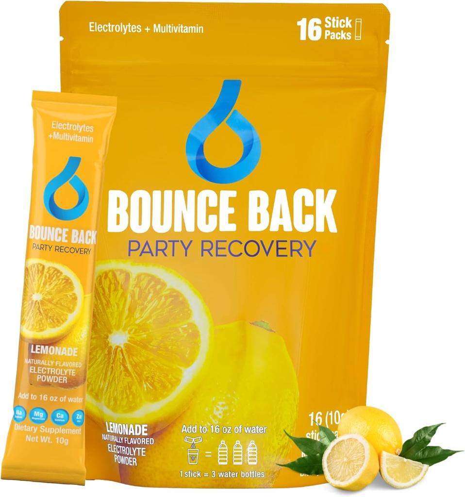 Bounce Back Pre and Post Dricking Lever Support (124; Electrolyte + Vitamin og Mineral Hydration Packs) 124; Perfekt Efter en nat ud af 124; Ferie og rejser Væsentlig (16 Pack, Lemonade)