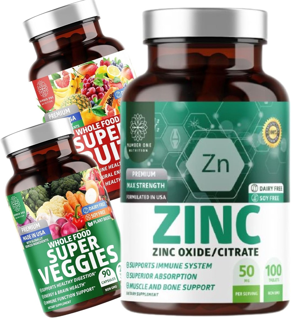 N1N Premium Super Fruits & Veggies Supplement [40 Whole Foods, Aloe Vera, Vitaminer] og Zink 50mg [3X Absorption], 2 Pack Bundle