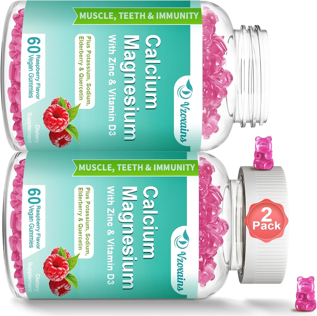 Høj Absorption Calcium Magnesium Zinkgummier med Magnesium Glycinat 400mg, Sugar Free Calcium Magnesium Supplement for ben & tænder Styrke, Muskelfunktion - Vegan, 120 Tæl