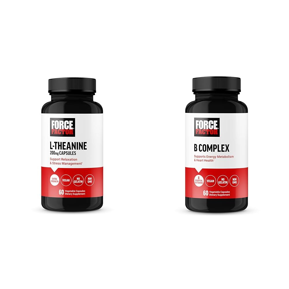 Kraftfaktor L Theanin 200mg og vitamin B kompleks supplement bundle, 60 kapsler hver