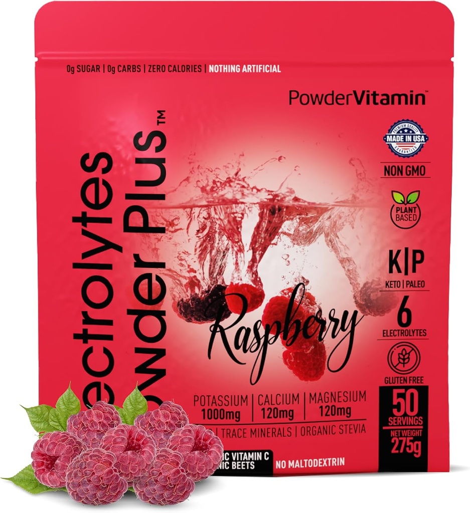PowderVitamin Electrolytes Powder Plus (50 Servere) Raspberry Electrolyte Powder Zero Calorie Keto, 0 Sukker, Ingen maltodextrin, 1000mg Kalium, 120mg Calcium, 120mg Magnesium, Hydrationspulver