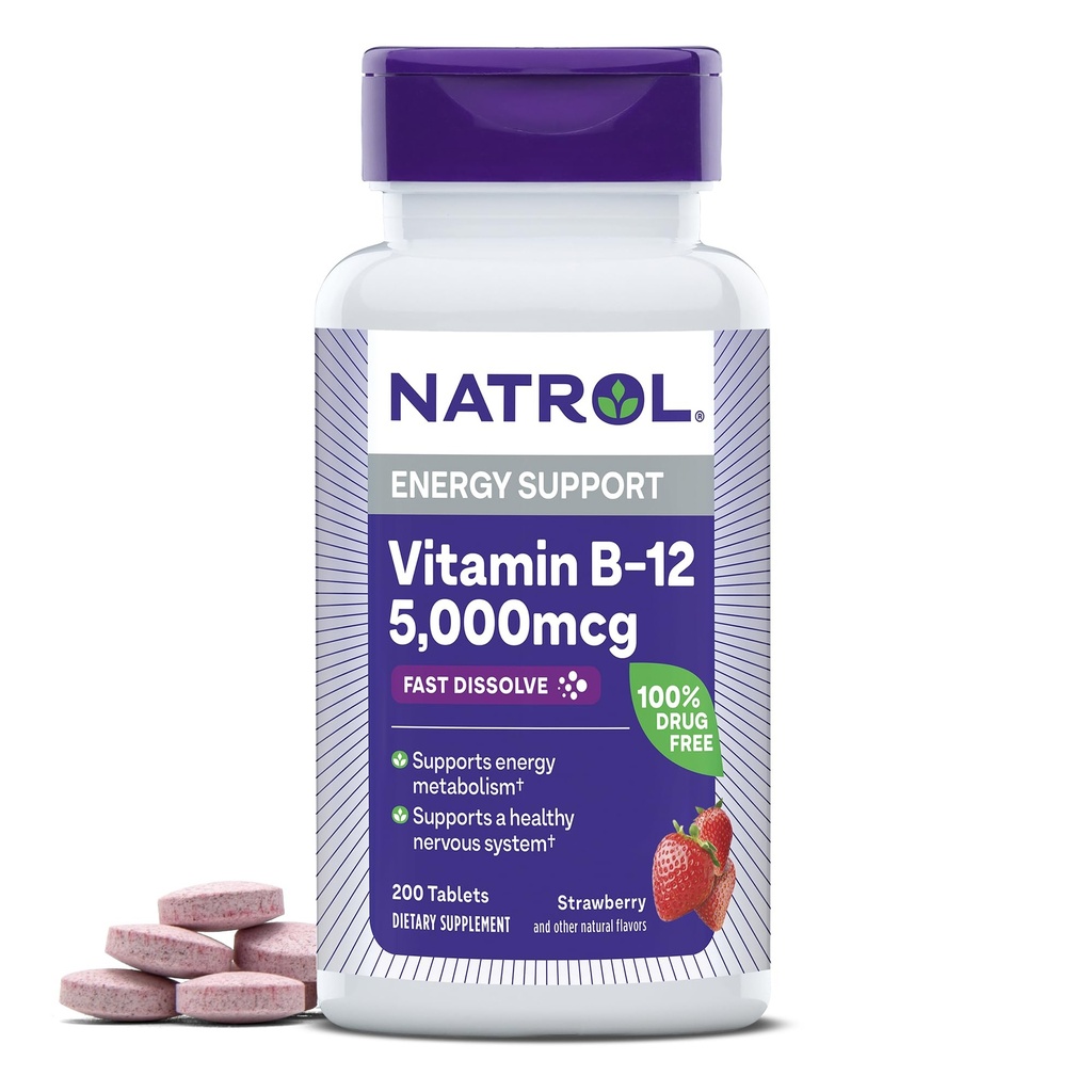 Natrol Vitamin B12 5.000 mcg, Fast Opløs Vitamin B12 Supplement Understøtter en sund nervesystem og energi Metabolisme, 200 tabletter, Op til en 200 dages forsyning