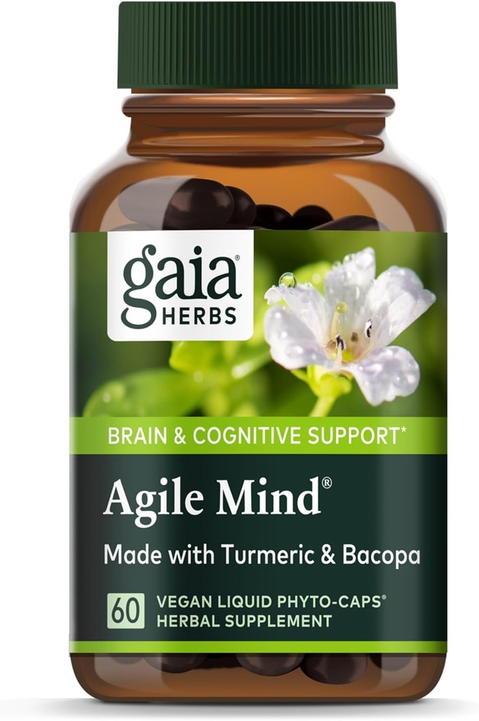 Gaia Urter Agile Mind - Brain & Cognitive Support Herbal Kosttilskud - med Økologisk Gurkemeje Root, Bacopa, Sort Pepper, og Ginkgo Biloba - 60 Vegansk flydende Phyto- kapsler (30- Day Supply)