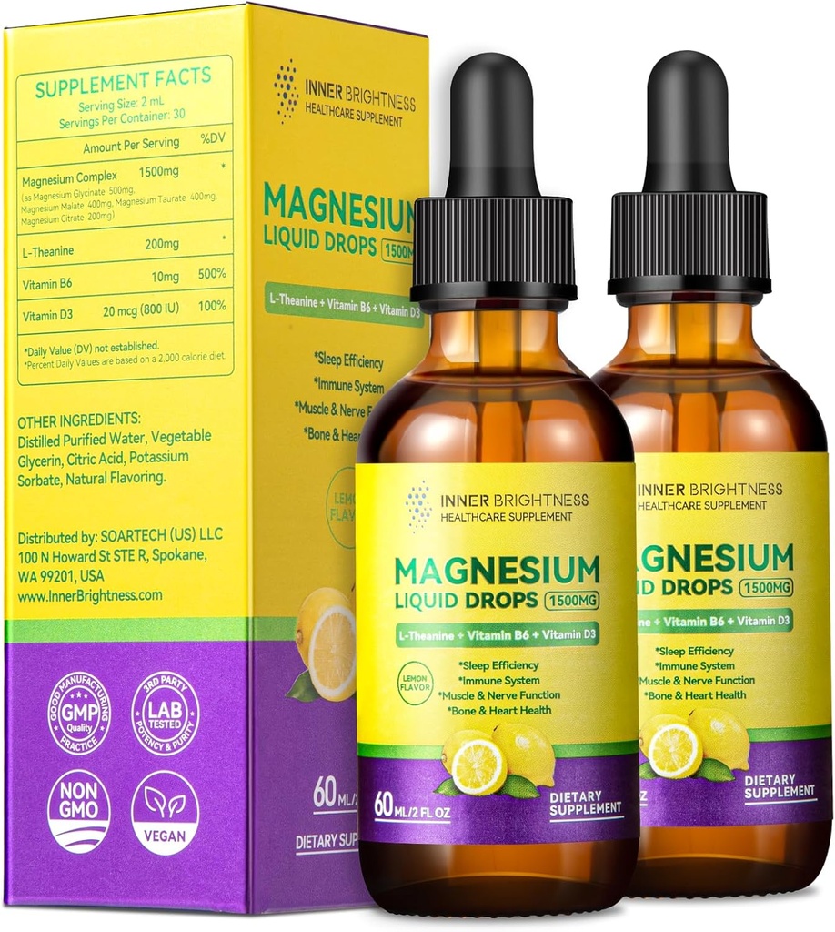 Magnesium Glycinate Liquid Drops 1500mg med Magnesium Citrate & Taurat, L- Theanin, D3- vitamin, B6 - understøtter rolig, søvn, muskelafslapning, ben kramper & energi, Lemon Flavor, 60mL-2 Pack