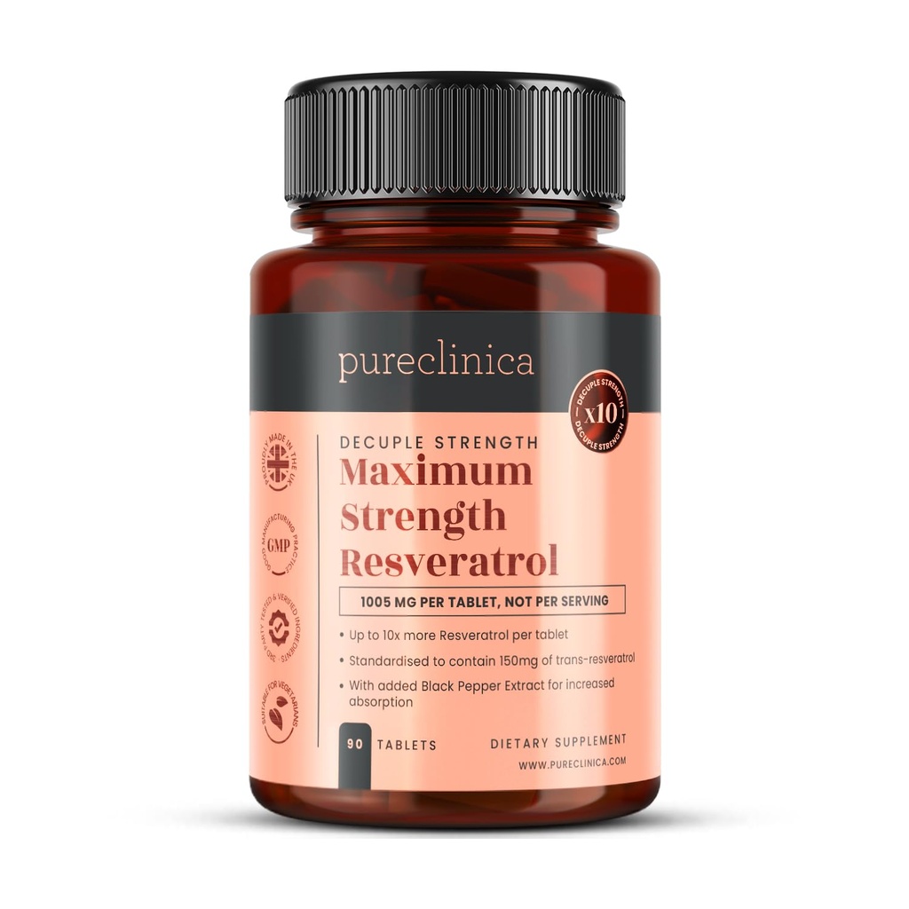 pureclinica 1000mg Resveratrol x 90 tabletter (3 måneders forsyning). 10 x Styrke med sort peber ekstrakt til hurtigere absorption