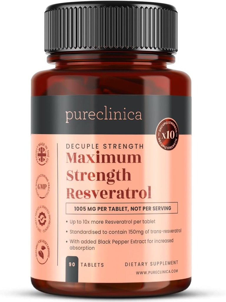 pureclinica 1000mg Resveratrol x 90 tabletter (3 måneders forsyning). 10 x Styrke med sort peber ekstrakt til hurtigere absorption