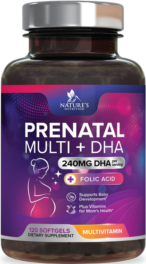 Prenatal Vitaminer med folinsyre & DHA, Føtal Brain Development Support med Folate & Omega 3 s, Prenatal Multivitamin til kvinder, vitamin A, C, D, B6, B12 & Jern, Graviditet Supplement - 120 Softgels