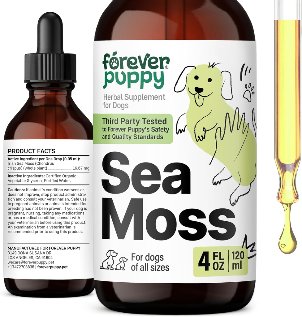 Forever Puppy Irish Sea Moss Drops for Dogs - Thyroid & Energy Support til alle racer & størrelser - Hundekosttilskud med flydende Seamoss Extract - Vitaminer og kosttilskud - Sukker & Alkohol- Free -4 oz