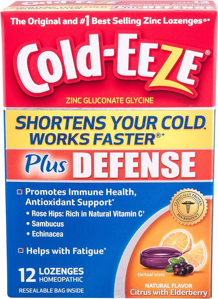 Cold-EEZE Plus Defense Cold-Shorting Lozenges, 12 Greve, Cold Remedy, Citrus med Elderberry Flavor